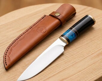 High-Carbon Steel Fixed Blade Hunting Knife | Blue Resin & Black Handle Outdoors Gift