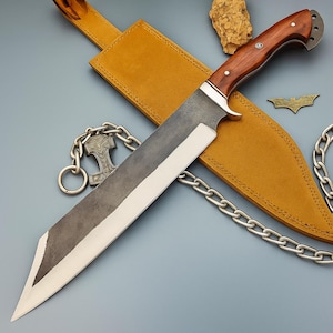 Handgemaakt 18&quot; koolstofstalen bowiemes: palissander handvat, leren schede