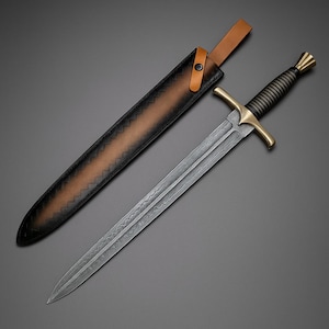 Handmade 22&quot; Damascus Steel Double Edge Sword | Wood Handle, Brass Bolsters & Sheath | Collectible Gift