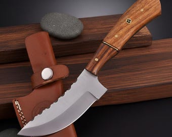 Survival Knife Saw Back Spine | Hand Forged | Walnut Handle | Leather Sheath