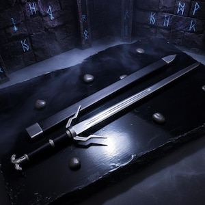 May include: A silver and black sword with a black sheath rests on a dark, textured surface. The sword features a detailed hilt and a double-edged blade. The background includes a stone wall with runes.