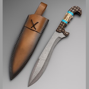 Handmade Damascus Steel Bowie Knife: Stag Horn Handle, Leather Sheath