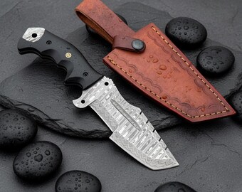 Damascus Tracker Knife | Black Micarta Handle Survival Tool | Hand Forged Bushcraft Knife