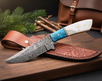 Hand-Forged Ladder Damascus Collectible Art | Turquoise & Faux Pearl Handle Executive