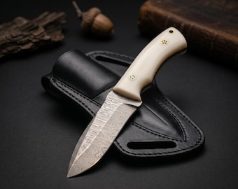 Neo-Classical 9" Damascus Topographic Relief | Alabaster-Mosaic Artifact | Leather Sheath