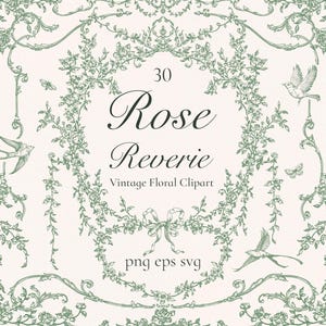 Może przedstawiać: Vintage kwiatowy clipart z tekstem "Rose Reverie" i "Vintage Floral Clipart". Projekt zawiera zielone elementy kwiatowe, ptaki i motyle ułożone w dekoracyjnej ramie. Zawiera formaty plików png, eps i svg.