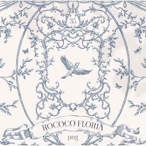 Rococo Floria PNG Vintage Clipart Borders, Chinoiserie, Old Money, cornice floreale, stemma nuziale, toile de jouy, cornici barocche, arte grafica