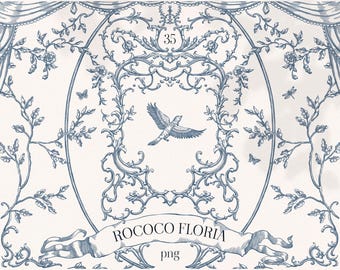 Rococo Floral Frame PNG Clipart: Vintage Wedding Crest (Digital Download) Line art frames, Rococo borders, vintage clip art, hand drawn
