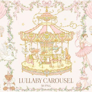 Puede incluir: Ilustración de un carrusel en tonos pastel, adornado con cortinas, lazos y motivos florales. El texto "LULLABY CAROUSEL" se muestra debajo, rodeado de elementos caprichosos.