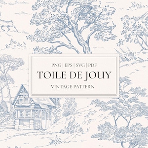 Puede incluir: Un patrón vintage Toile de Jouy en azul y blanco. El diseño presenta un paisaje rural con árboles, una casa y un ciervo. El texto "TOILE DE JOUY VINTAGE PATTERN" se muestra en un marco rectangular.