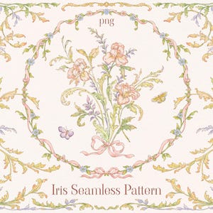 May include: Watercolor illustration of an Iris Seamless Pattern. The design features a central bouquet of peach-colored flowers tied with a pink ribbon, surrounded by a decorative frame of leaves, ribbons, and butterflies. The text "Iris Seamless Pattern" is at the bottom.