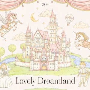 素敵なドリームランド 小さなお姫様のための水彩画の城のクリップアート、誕生日の招待状のイラスト、王国、星、ユニコーン、ペガサス、花のフレーム