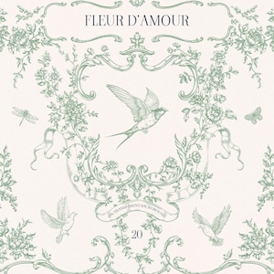 Fleur D’Amour PNG floral green clipart, floral borders, rococo frames, rose garden, wedding crest, vintage frame, birds, butterfly, line art