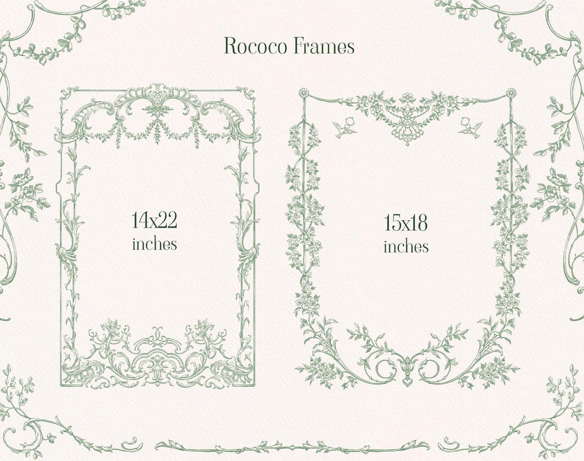 Rococo Vintage Border Clipart: Green Line Frames (PNG) Floral Borders ...
