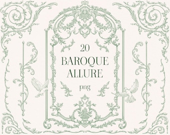 May include: Digital art featuring ornate green baroque frames, flourishes, and decorative elements. The text "20 BAROQUE ALLURE png" is centered within a frame, with two white doves. Ideal for digital design projects.