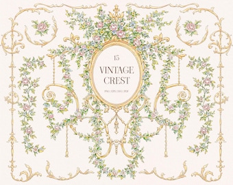Vintage Floral Crest Png, Vector borders, baroque clipart, Victorian decorations, wedding invitation frame, roses bouquet svg, golden border