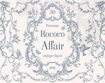 Rococo Affair PNG EPS SVG Vintage clipart, floral borders, Victorian frame, wedding crest, rose line art, birds, butterflies, bow, banner