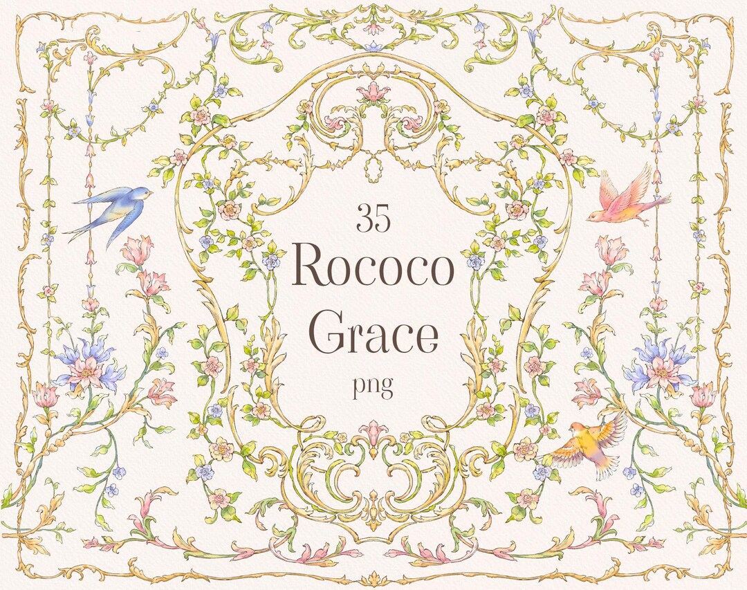 Rococo Grace PNG Watercolor Vintage Golden Borders, Floral Crest ...