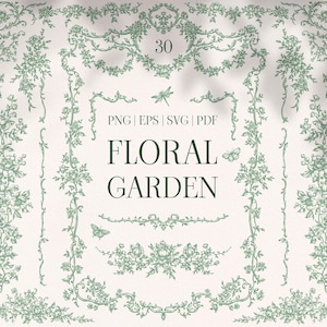 May include: A collection of 30 floral garden design elements in a soft green hue, including borders, garlands, and individual floral illustrations. The text "FLORAL GARDEN" is prominently displayed, along with file type indicators.