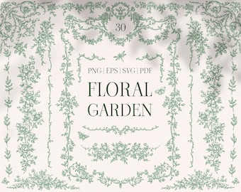 Floral Garden Green Vintage clipart set, Png Eps Svg Pdf, Hand-drawn Floral frames, Rococo borders, Wedding invitation frame, line art roses