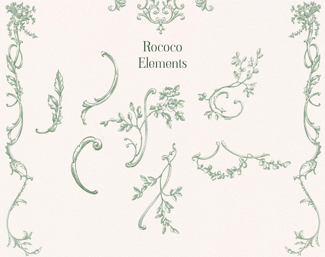 Rococo Vintage Border Clipart: Green Line Frames (PNG) Floral Borders ...