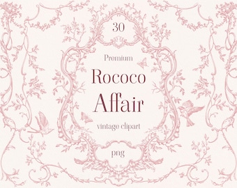 Rococo Affair PNG SVG Pink Vintage clipart, Floral borders, Victorian frame, Wedding crest, Valentine’s day, birds, butterflies, bow, line