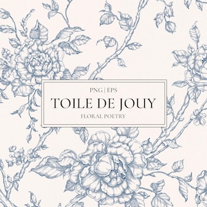 May include: A digital illustration of a Toile de Jouy pattern in blue and cream. The design features detailed floral elements, including roses and leaves, with the text "TOILE DE JOUY" and "FLORAL POETRY" in a rectangular frame. A classic floral design.