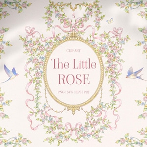 The Little Rose Png Eps Svg Pdf, Floral border, watercolor frame, ribbons vintage clipart, roses frame vector, swallow Svg, Victorian art