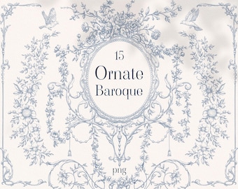 Ornate Baroque, Png Frames, Line art Wedding Crest, Floral borders, Vintage clipart, Chinoiserie clip art set, Victorian border, Card design