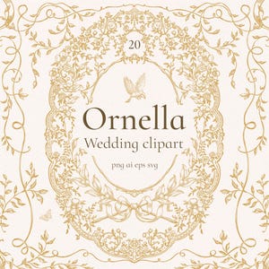 Ornella Png Clipart Set, Hochzeitskamm, Linie Kunst Vintage-Rahmen, Barocke Grenzen, Viktorianer Clip Art, Schmetterling, Einladung Design, Vektor