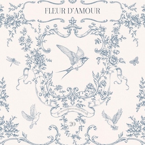 May include: Digital illustration with a floral design, birds, butterflies, and the text "FLEUR D'AMOUR". The artwork is in blue tones on a cream background, with decorative flourishes and a transparent background.