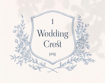 Wedding Crest PNG, EPS, SVG, Floral line art, graphic clipart, hand drawn illustration, vintage frame, blue line border, chinoiserie clipart
