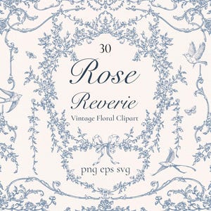 Pode incluir: Um design de clipart floral vintage com um fundo creme e elementos florais azuis, pássaros e borboletas. O texto "Rose Reverie" é exibido em uma fonte elegante, com as palavras "Vintage Floral Clipart" abaixo.