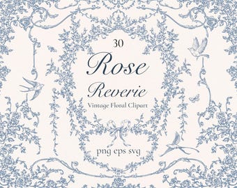 Rose Reverie Png Eps Svg Pdf Floral borders, wedding frame, roses corner designs, Victorian clipart, blue crest, chinoiserie wreath, bird