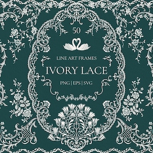 Può includere: Una collezione di 50 cornici in arte lineare bianca con intricati motivi in pizzo avorio, elementi floreali e un'illustrazione centrale di cigni su sfondo verde ottanio. Il testo recita 50 LINE ART FRAMES IVORY LACE PNG | EPS | SVG.