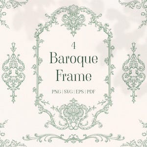 Baroque Frame Green png eps svg pdf clip art, wedding invite design, shower border, line art clipart, vintage frame, sage green border Svg