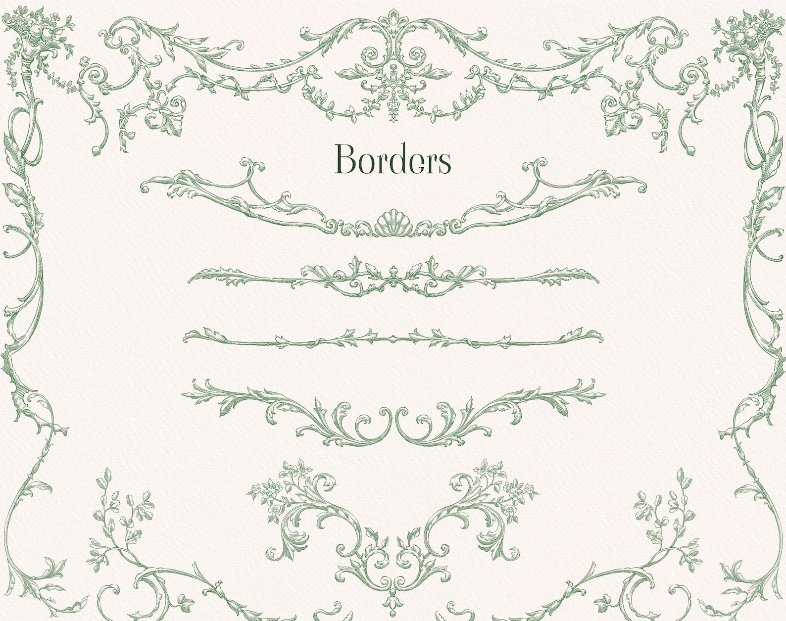 Rococo Vintage Border Clipart: Green Line Frames (PNG) Floral Borders ...