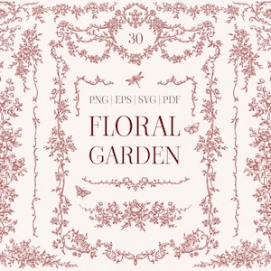May include: A set of vintage-style floral design elements. The image showcases borders, frames, and decorative flourishes in a reddish-brown colour. The words "FLORAL GARDEN" are displayed. Includes PNG, EPS, SVG, and PDF file formats.