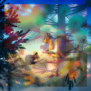 Puede incluir: Representación artística de ardillas en un pino. La imagen presenta una ardilla madre con una ardilla bebé y otra ardilla en una rama. La obra de arte utiliza una paleta de colores suaves con tonos de marrón, blanco y verde.