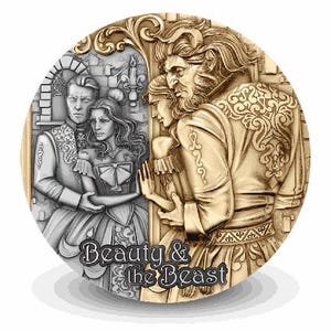 May include: A circular relief sculpture in two tones, illustrating scenes from Beauty and the Beast. One side shows a couple in formal dress, the other the Beast and Belle. The words "Beauty & the Beast" are at the bottom.