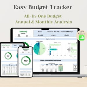 Puede incluir: Una captura de pantalla de una computadora portátil, una tableta y un teléfono que muestran una hoja de cálculo de seguimiento de presupuesto. La hoja de cálculo se titula "Easy Budget Tracker" y muestra un desglose presupuestario mensual para enero. La hoja de cálculo incluye categorías para ingresos, gastos, facturas, deudas, inversiones y ahorros. La hoja de cálculo también incluye gráficos y diagramas para visualizar los datos.