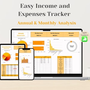 May include: A screenshot of a laptop and two tablets displaying a spreadsheet with a monthly income and expense tracker. The spreadsheet is titled "January Expense Tracker" and shows a monthly income of $2008.10, monthly expenses of $905.30, and money left of $773.80. The spreadsheet is created using Apple Numbers.