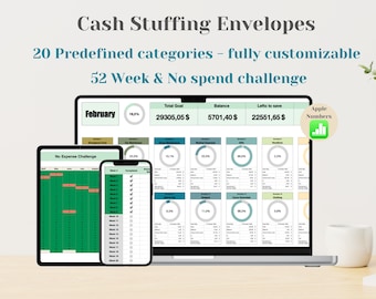 Apple Numbers Budget Tracker: Cash Envelopes, Savings Challenges (Digital Download)