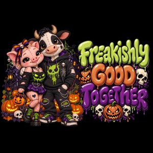 Peut inclure: Une illustration graphique montrant un cochon et une vache déguisés pour Halloween, devant un décor de maison hantée avec des citrouilles et des crânes. Le texte indique Freakishly GOOD Together en lettres colorées, stylisées et dégoulinantes.