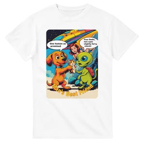 Man’s Best Friend Funny Dog Alien Cat Cartoon T-Shirt – Sci-Fi Pet Humor Graphic Tee for Animal Lovers