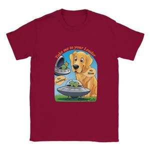 FunFunny Alien and Dog T-Shirt –Take Me to Your Leader” UFO Cartoon Tee – Talking Dog Humour Shirt –Sci-Fi Graphic Tee–Gift for Dog Lovers