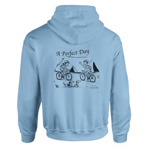 Perfect Day Hoodie - Cartoon Cyclists Camping with Dogs - Cozy & Soft Blend