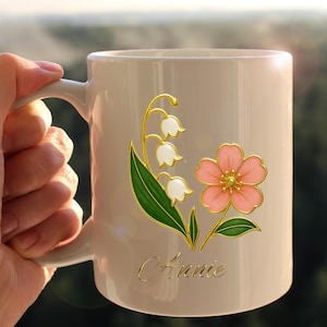 May Birthday Mug Lily of the Valley Floral Coffee Cup with Name Custom Ceramic Gift Under 25 for Her White Flower Mug