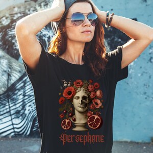 Persephone T-Shirt Gothic Greek Goddess Tee with Floral Skull Underworld Queen Shirt for Women Dark Aesthetic Mythology Top
