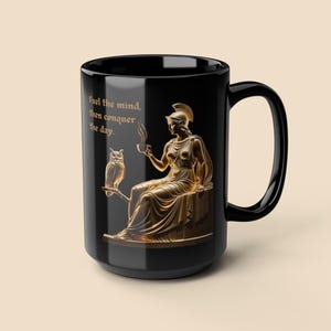 Athena Goddess Black Coffee Mug | Greek Mythology Gift for Her | Strong Women Ceramic Cup | Feminist Warrior Office Desk Decor